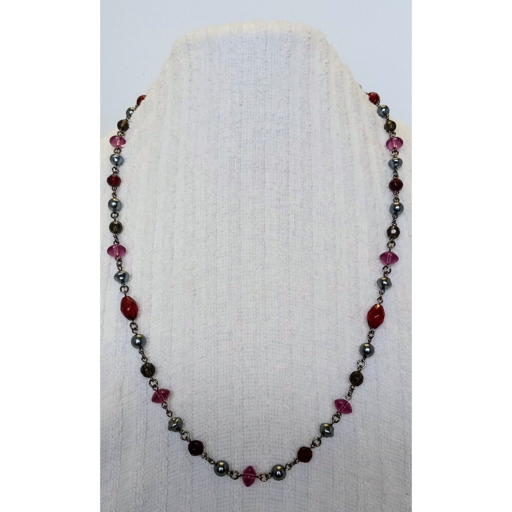 Avon Designer Signed "BW" Faux Pearl Red & Purple Acrylic Beaded Necklace 28 in